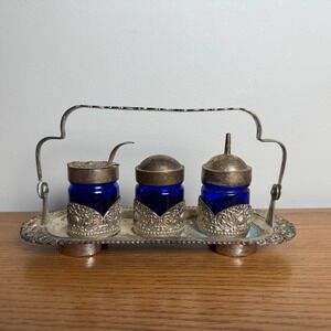 Victorian Era Antique Silver Plated Cobalt Blue Condiment‎ Serving Caddy